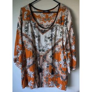 Angie Women's 0range/Black/ White Floral Paisley 3/4 Sleeve Top Tassles Size‎ M